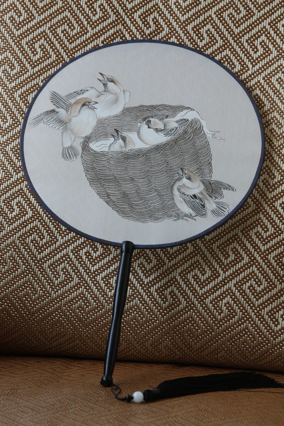 Nesting Sparrows hand-painted Chinese gongbi silk round fan with bird nest scene